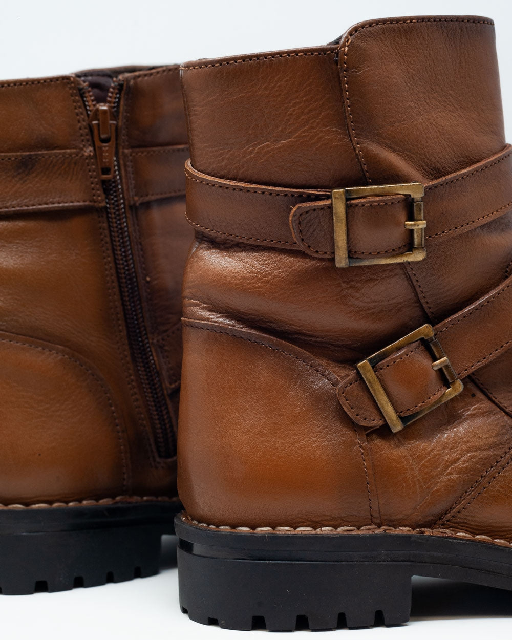 Women's Brown Genuine Leather Mid Calf Gold Buckled Boots