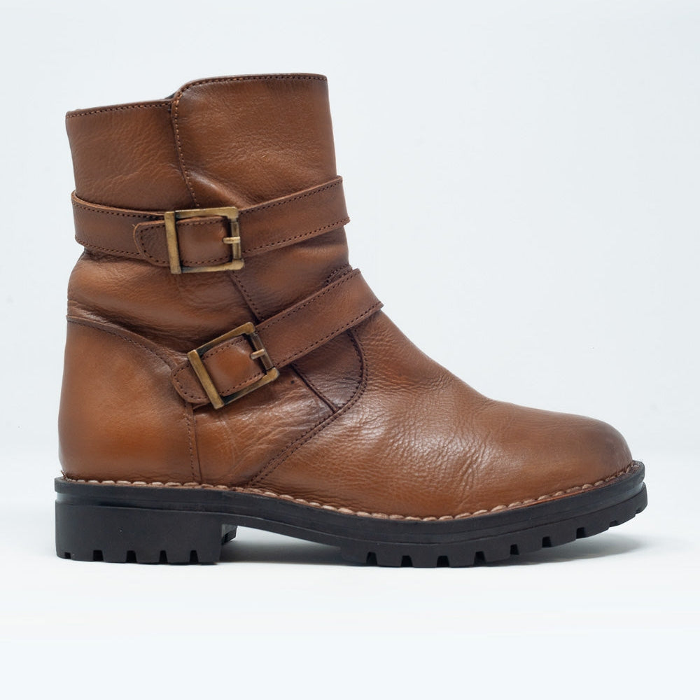 Women's Brown Genuine Leather Mid Calf Gold Buckled Boots