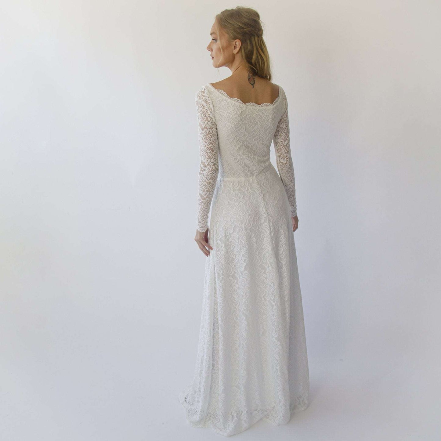 White Boat Neckline & Long Bell Lace Sleeves Modest Wedding Dress - Lovez Aqua© -