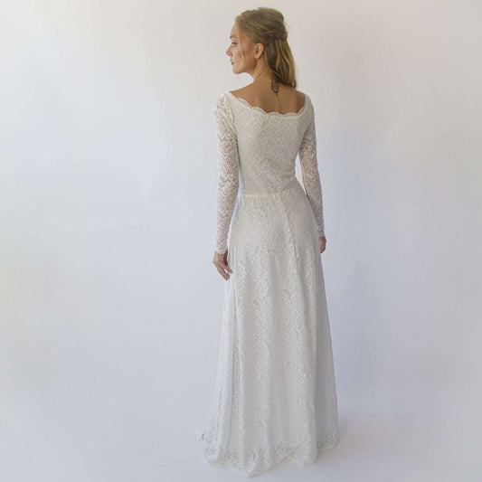 White Boat Neckline & Long Bell Lace Sleeves Modest Wedding Dress - Lovez Aqua© -