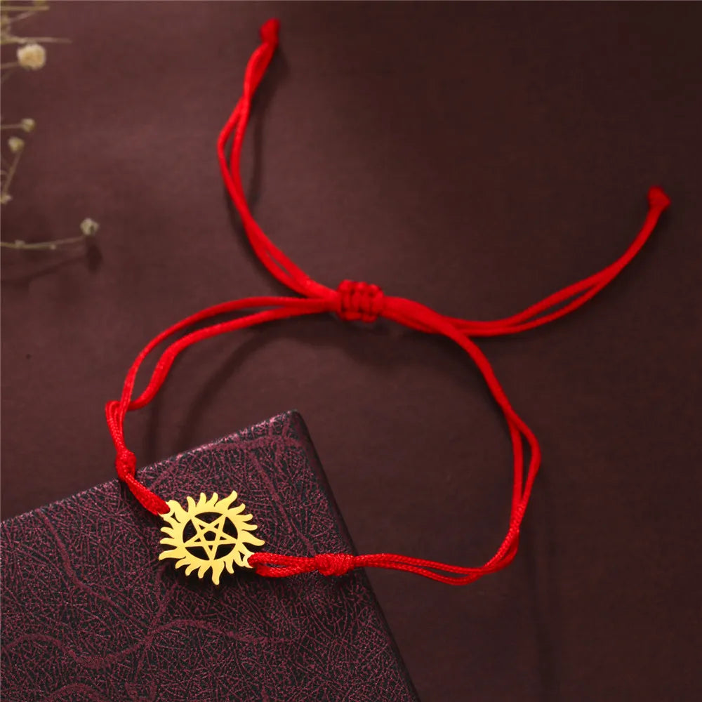 Women's Supernatural Winchester Brothers Pentacle Charm Chain Bracelet - Supernatural - Red Rope