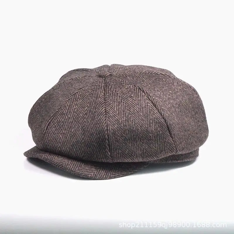 Men's Vintage Classic Plaid Wool Newsboy Winter Beret Cap - Lovez Aqua© - Herringbone Coffee / 55-59cm
