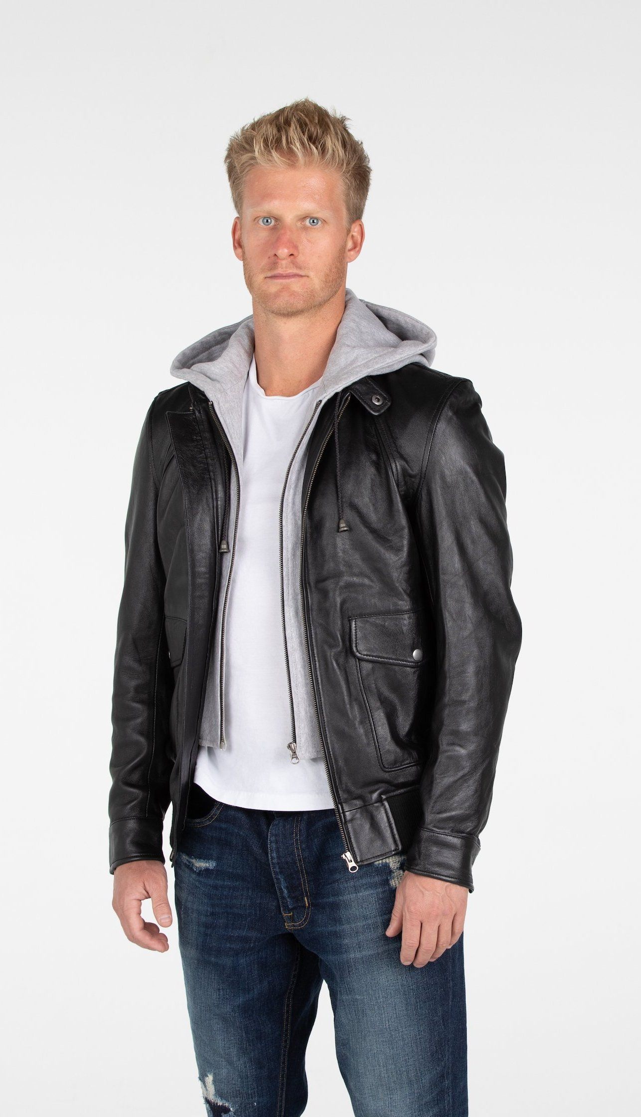 Men's Supple Lambskin Hooded Leather Bomber Jacket - Lovez Aqua© -
