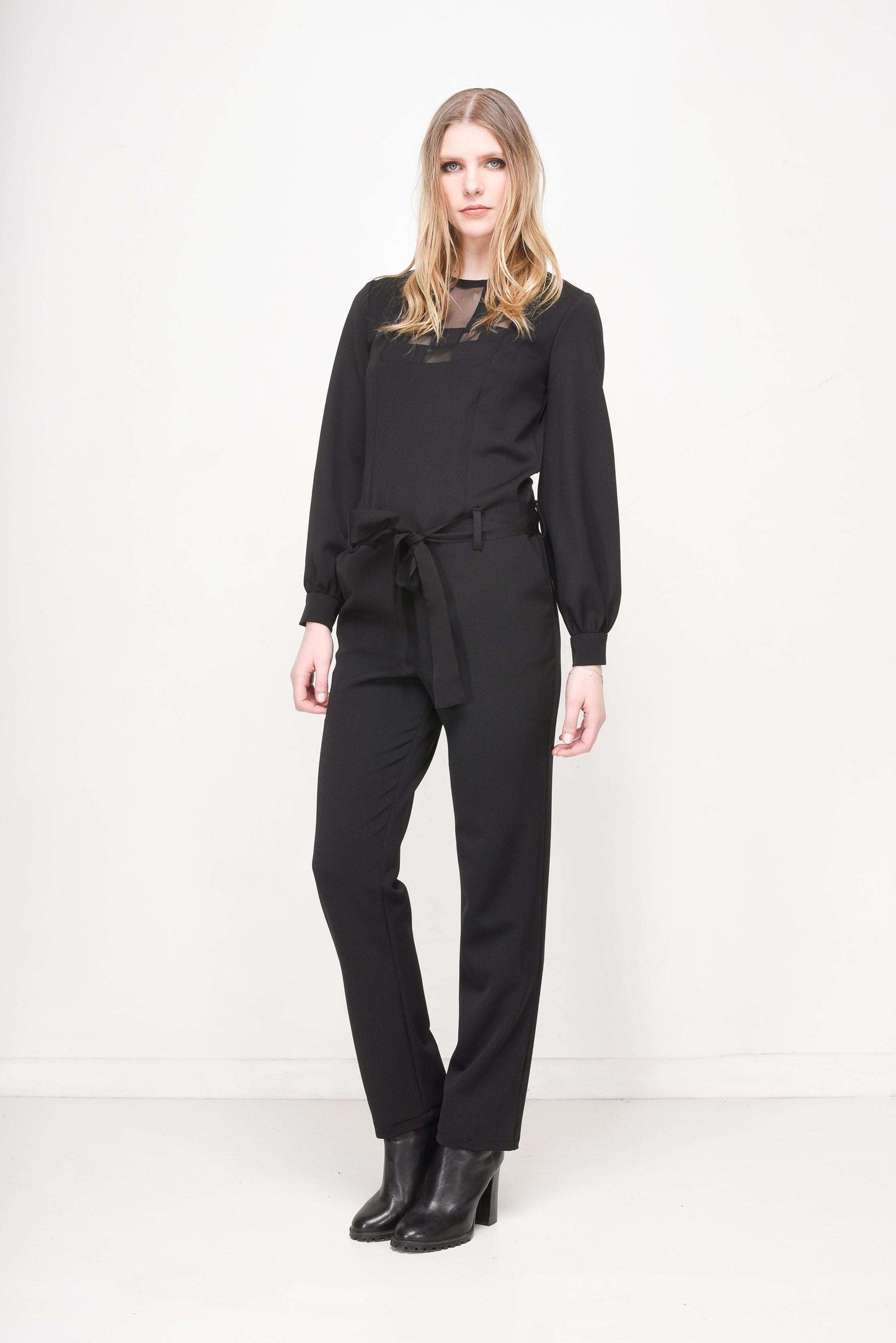Women's Black Long-Sleeve Jumpsuit with Mesh Panels & Tie-Waist Detail - Lovez Aqua© -