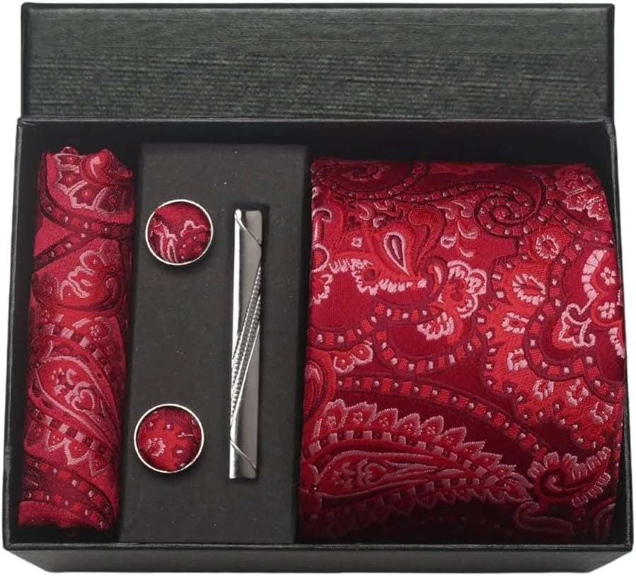 Men's Luxury Silk Paisley Floral Necktie, Pocket Square, Clip & Cufflinks Set - Lovez Aqua© - BKL10