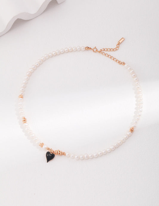 Women's Gold Vermeil & Natural Pearl Black Glazed Heart Pendant Necklace - Lovez Aqua© - 18K Gold-Plated / Jewelry Pouch