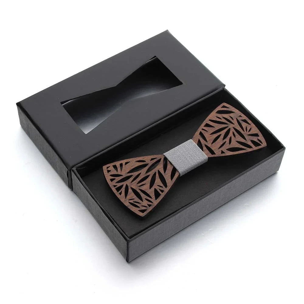 Men's Retro Dark Floral Hollow Carved Bamboo Wood Bowtie - Lovez Aqua© - Design 2 Plus Box