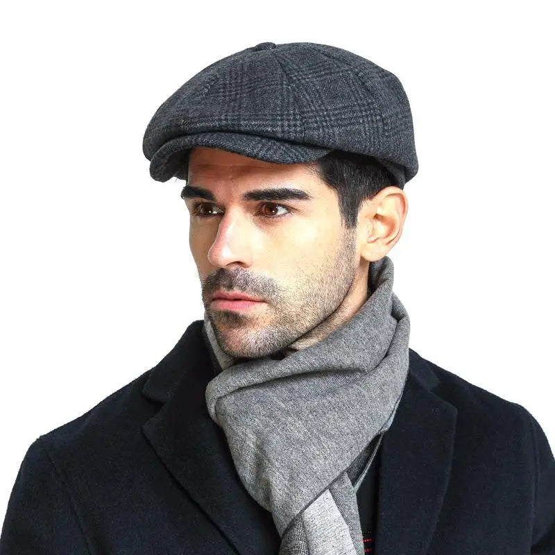 Men's Vintage Classic Plaid Wool Newsboy Winter Beret Cap - Lovez Aqua© - Gray Grid main Graph / 55-59cm