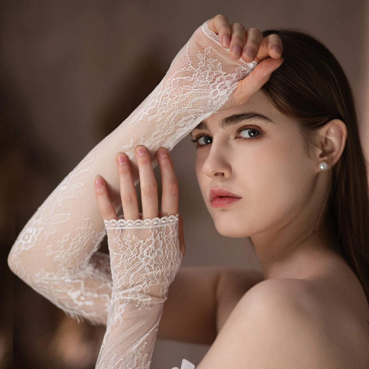 Women's Delicate Eyelash Lace White Long Fingerless Sleevelet Bridal Gloves - Lovez Aqua© -