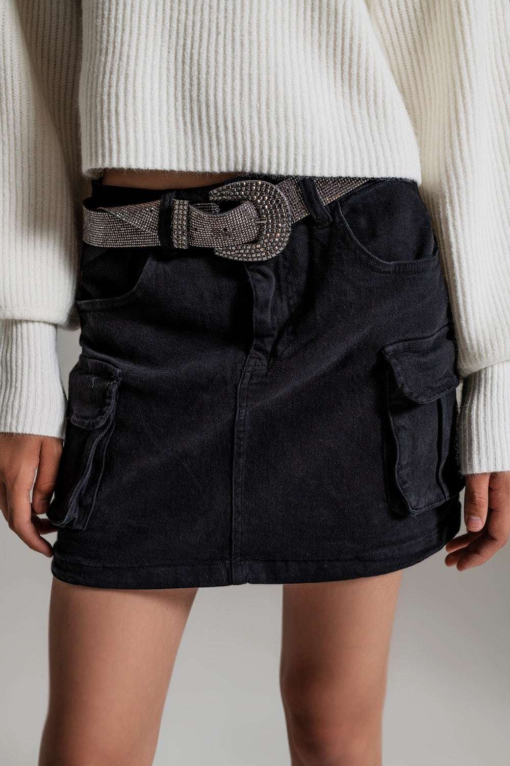 Women's Black Cargo Denim Mini Skirt with Pockets & Zipper - Lovez Aqua© -