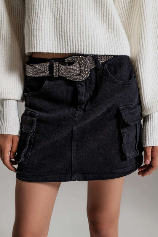 Women's Black Cargo Denim Mini Skirt with Pockets & Zipper - Lovez Aqua© -