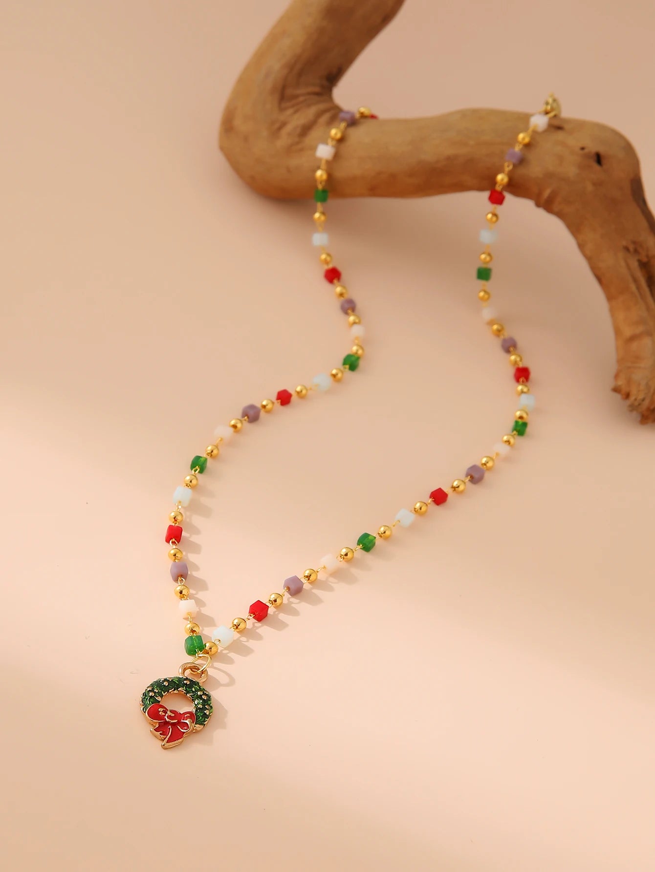 Women's Festive Christmas Themed Beaded Pendant Necklace - Lovez Aqua© - Wreath