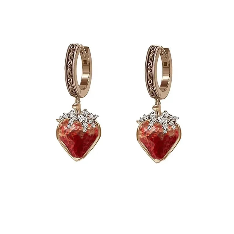 Women's Gothic Faux Leather Choker Necklace/Earrings with Gold Strawberry Charms - Lovez Aqua© - Earrings