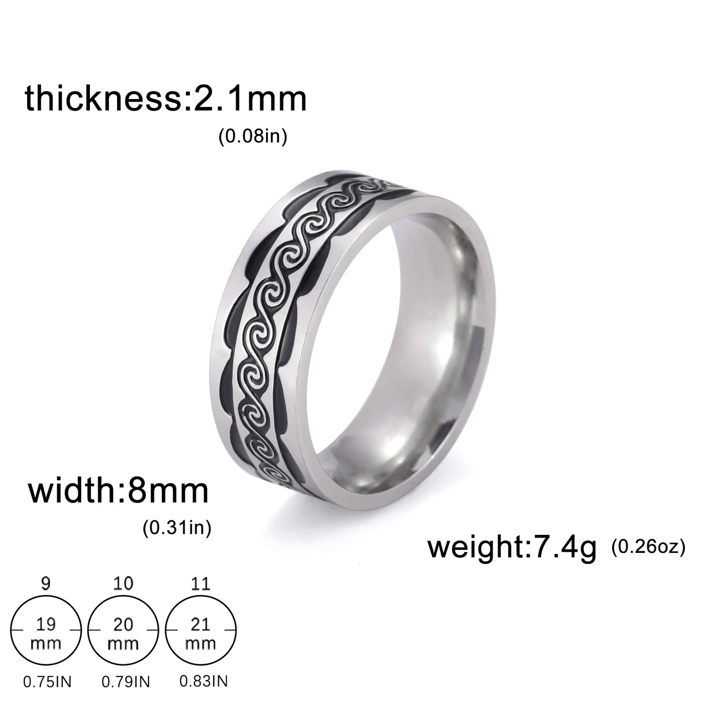 Men's Geometric Engraved Pattern Thick Stainless Steel Band Ring - Lovez Aqua© - Style 19 / 11
