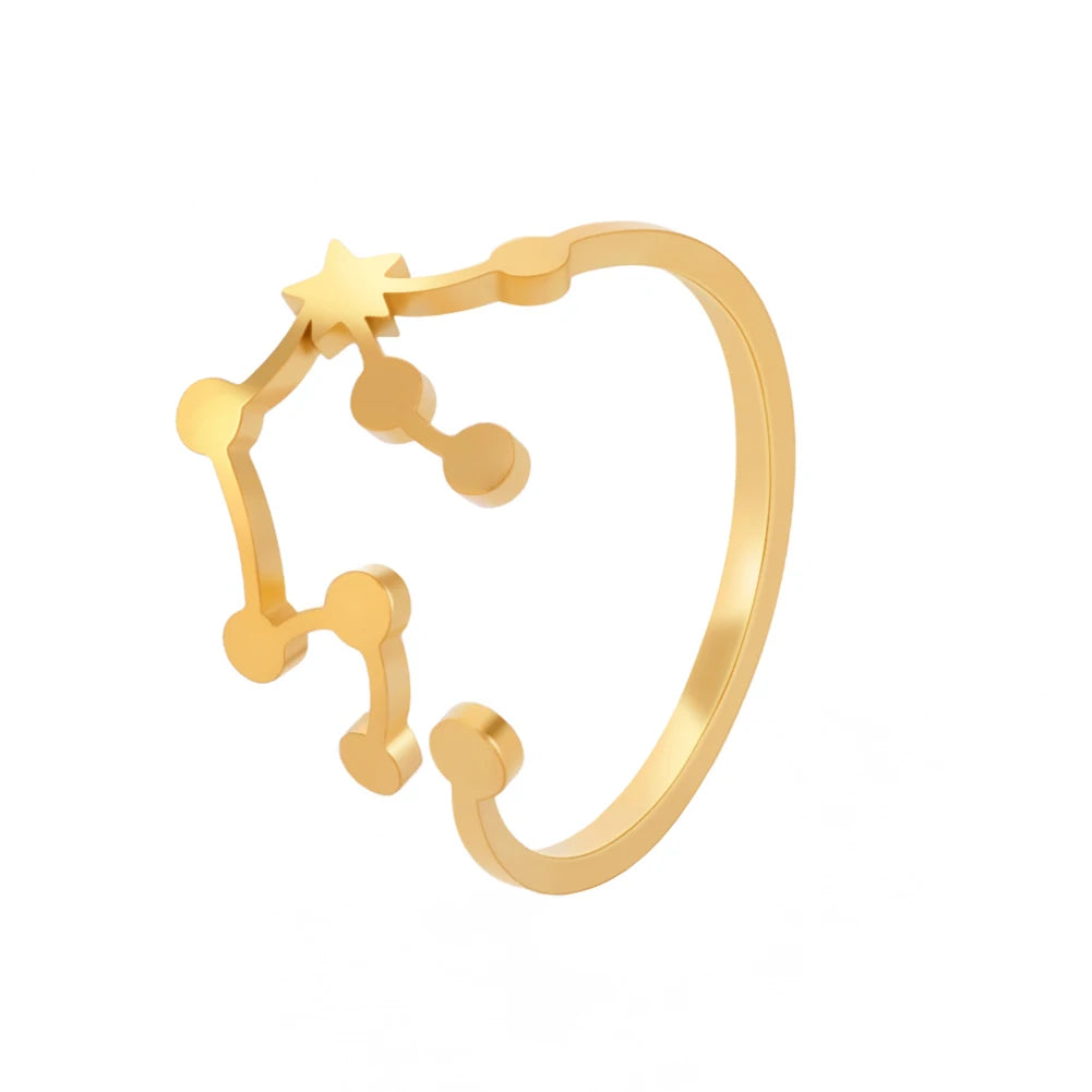 Women's Zodiac Star Signs Constellation Stainless Steel Adjustable Open Ring - Lovez Aqua© - Aquarius Gold