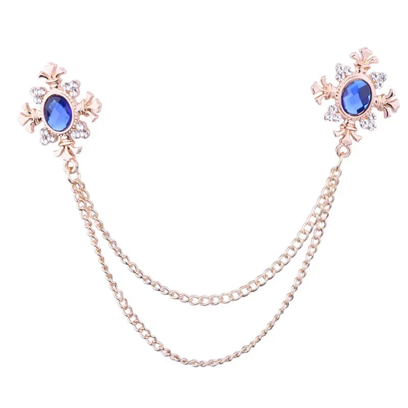 Men's Vintage Double Tassel Chain Crystal Baroque Style Brooch - Lovez Aqua© - Gold Blue