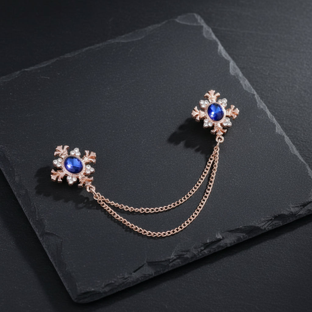 Men's Vintage Double Tassel Chain Crystal Baroque Style Brooch - Lovez Aqua© - Gold Blue