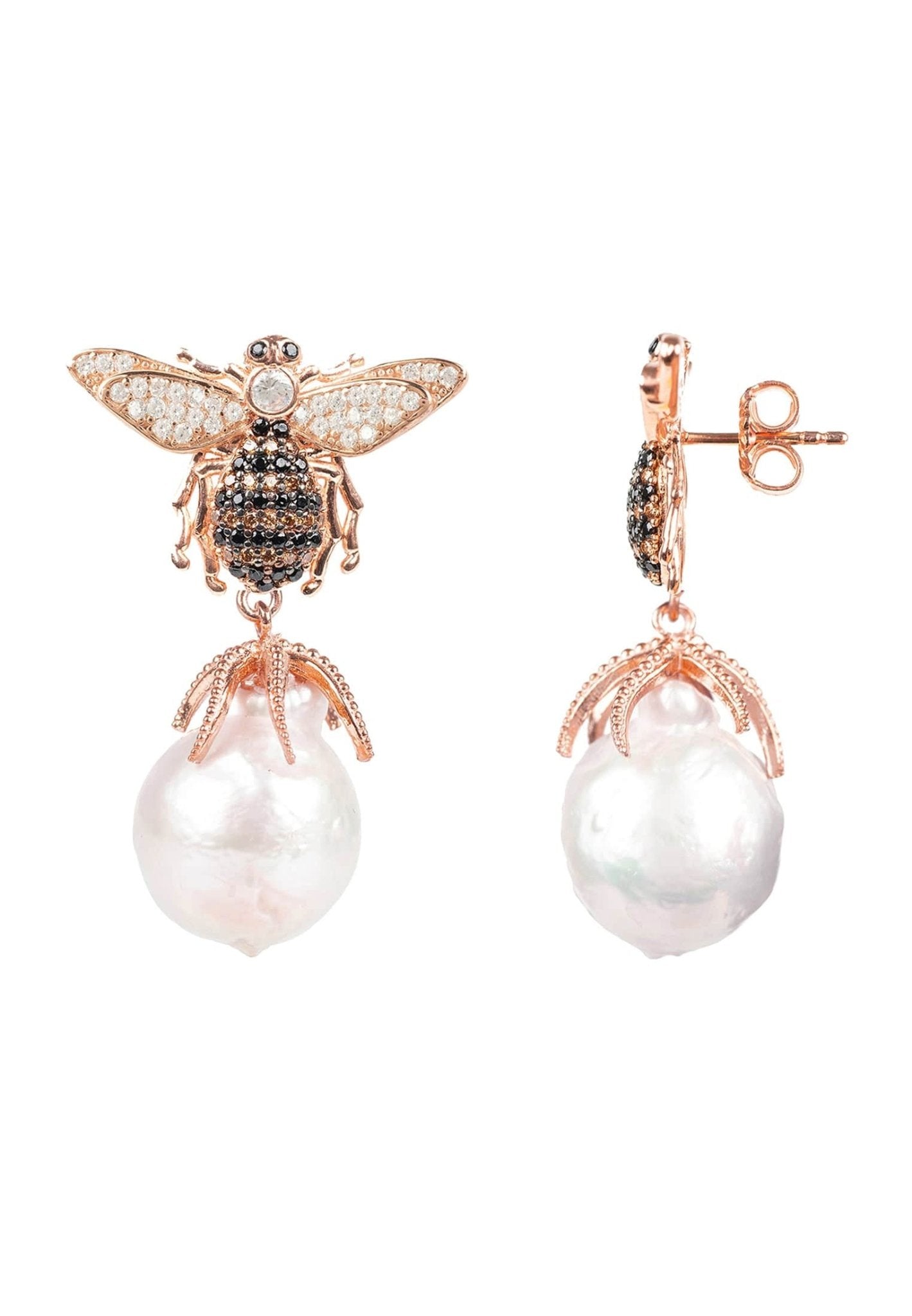 Women's Rose Gold & Baroque Pearl Honey Bee Drop Earrings - Lovez Aqua© -