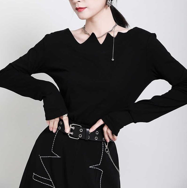 Women’s Black Punk Gothic Long Sleeve Chic Cut Out Collar Blouse - Lovez Aqua© -