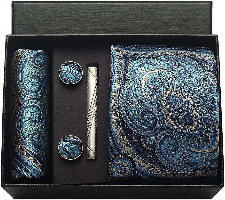 Men's Luxury Silk Paisley Floral Necktie, Pocket Square, Clip & Cufflinks Set - Lovez Aqua© - BV3