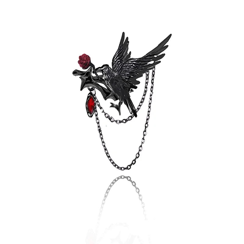 Women's Gothic Ruby Red Crystal & Black Iron Raven Chain Brooch - Lovez Aqua© -