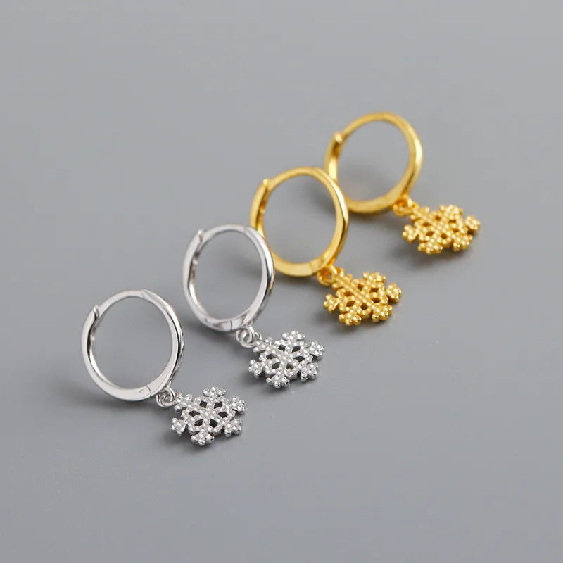 Women's Minimalist 925 Sterling Silver Christmas Snowflake Hoop Dangle Earrings - Lovez Aqua© -