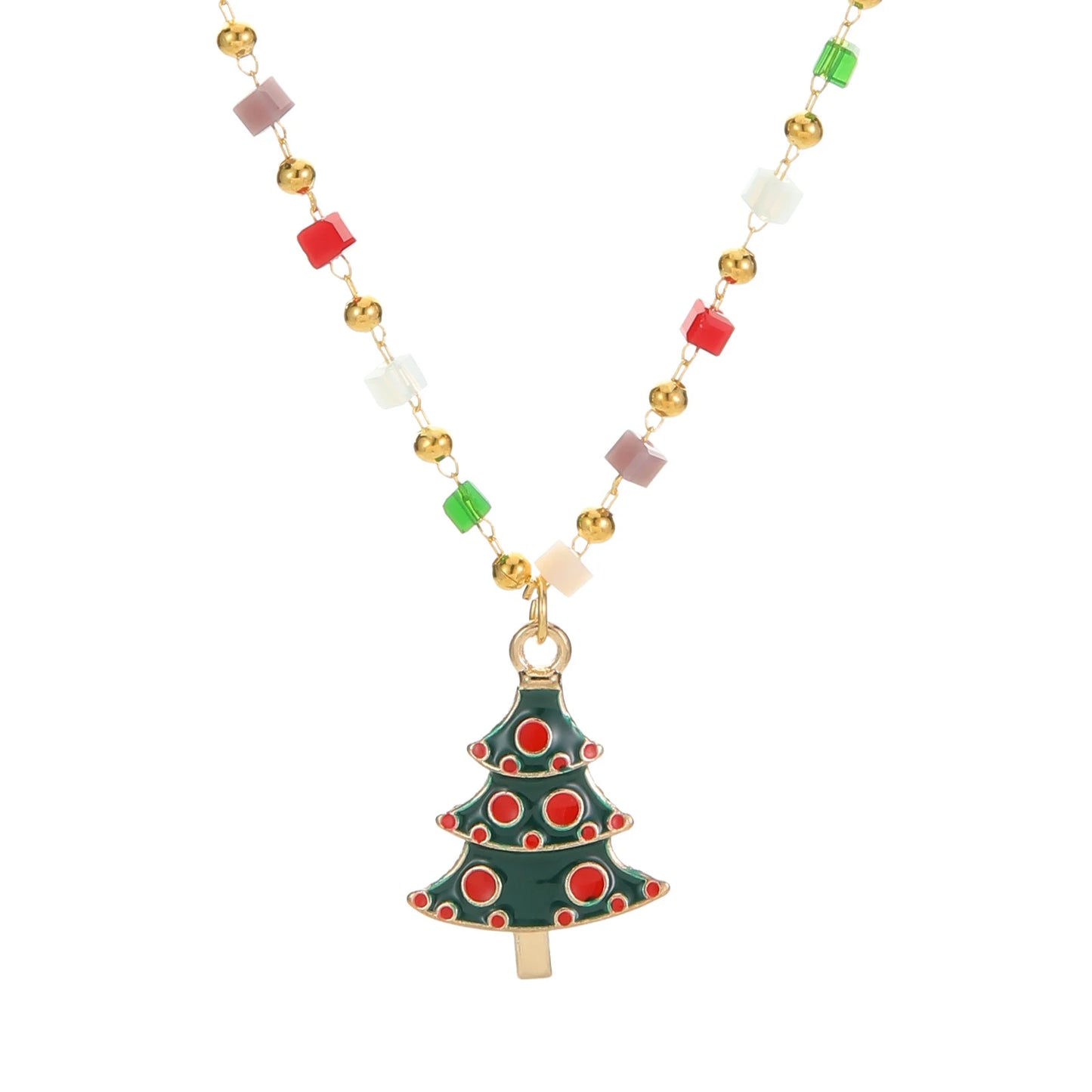 Women's Festive Christmas Themed Beaded Pendant Necklace - Lovez Aqua© - Christmas Tree 2
