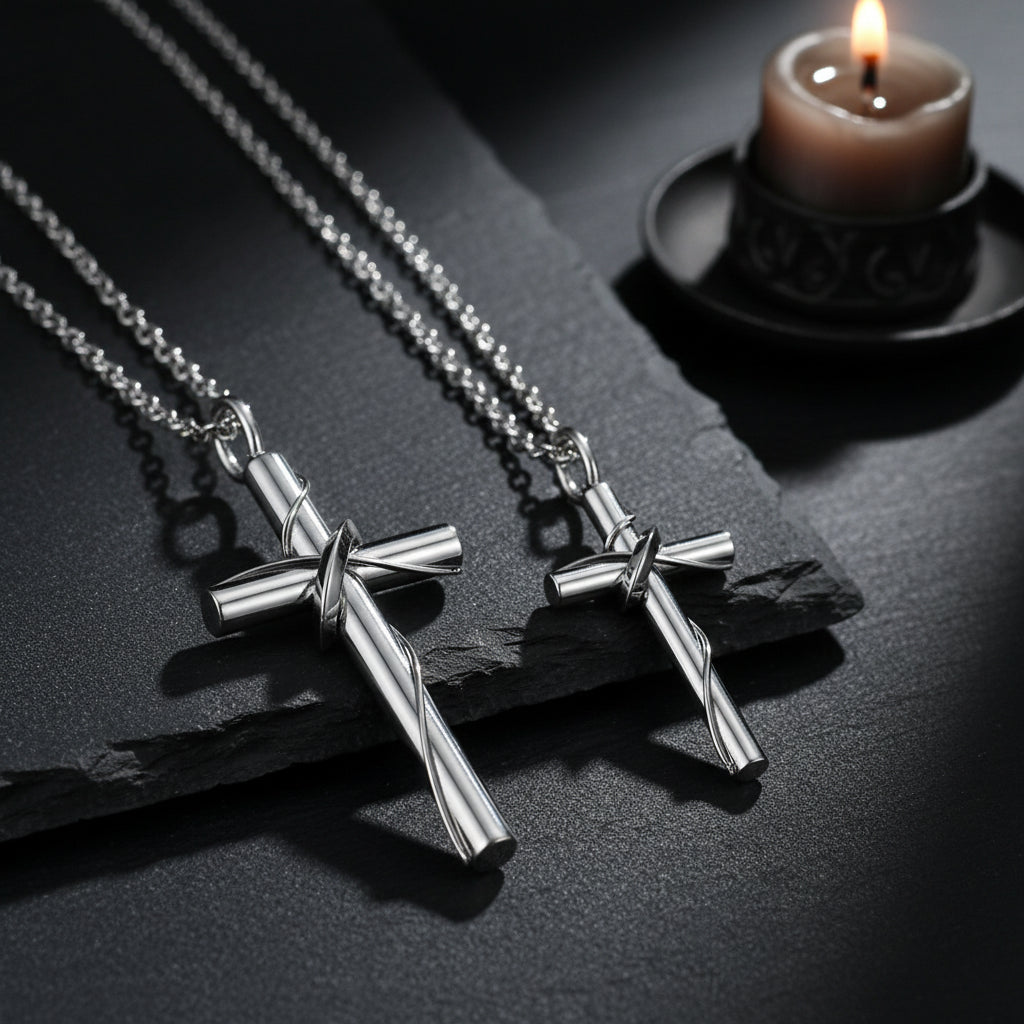 Matching Couple Stainless Steel Wire Wrapped Cross Necklace - Lovez Aqua© -
