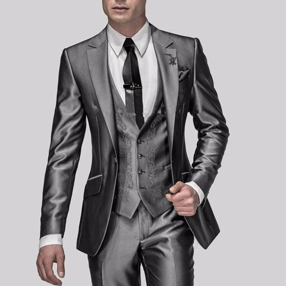 Men's Shiny Metallic Embroidered 3 Piece Suit Set (Jacket, Pants & Vest) - Lovez Aqua© -