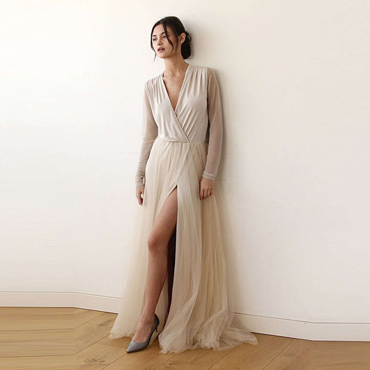 Champagne Wrap Tulle Wedding Gown with Long Chiffon Sleeves & High Slit - Lovez Aqua© -