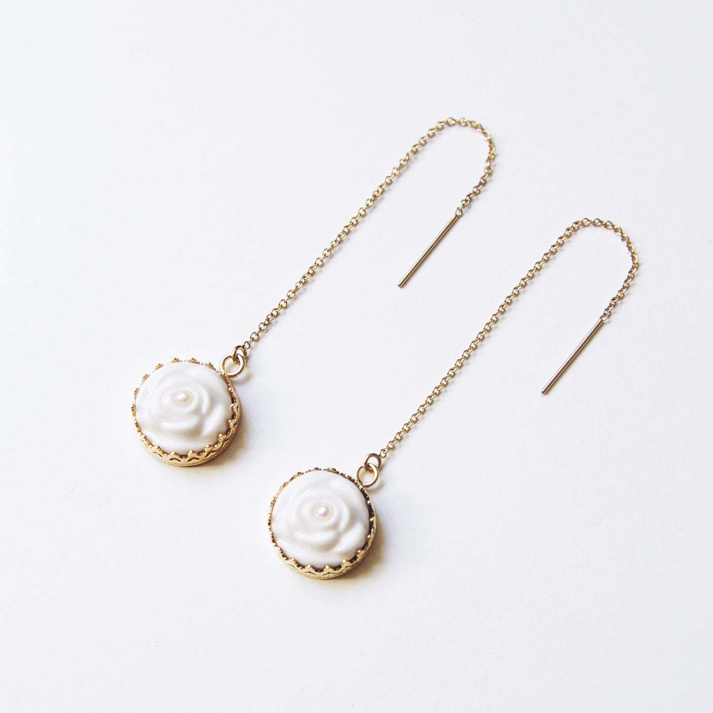 Women's White Porcelain Rose Gold-Filled Chain Earrings with Pearl Embellishment - Lovez Aqua© -