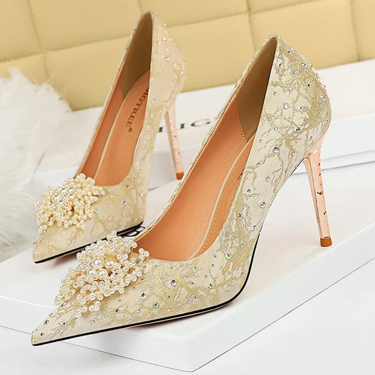 Women's Silk Black & Gold Marbled Pointed Toe High Heels with Pearls - Lovez Aqua© - Cream / 35