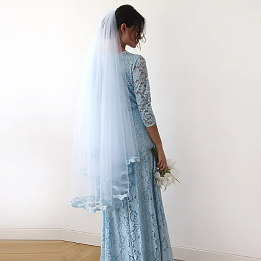 Elegant Light Blue Soft Tulle Lace Edge Bridal Wedding Veil - Lovez Aqua© -