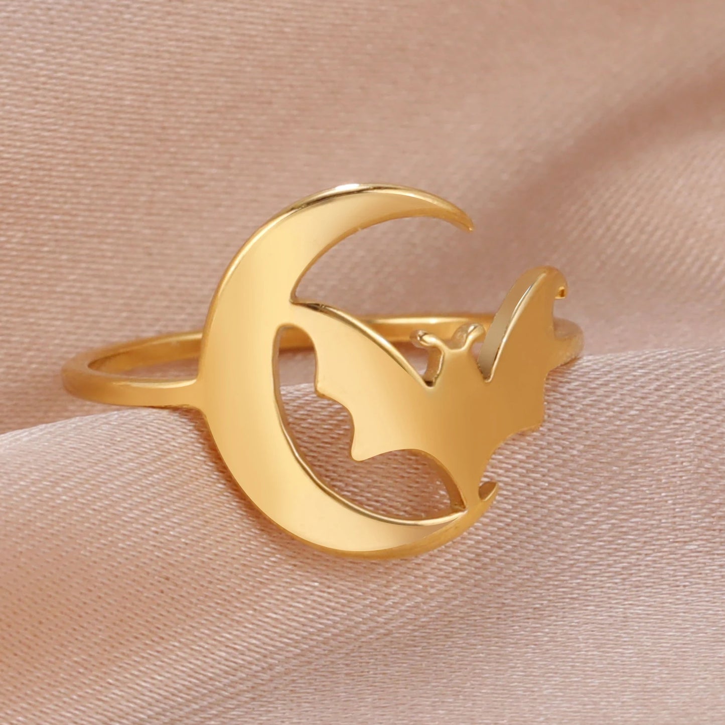 Women's Gothic Punk Crescent Moon & Bat Stainless Steel Ring - Lovez Aqua© -