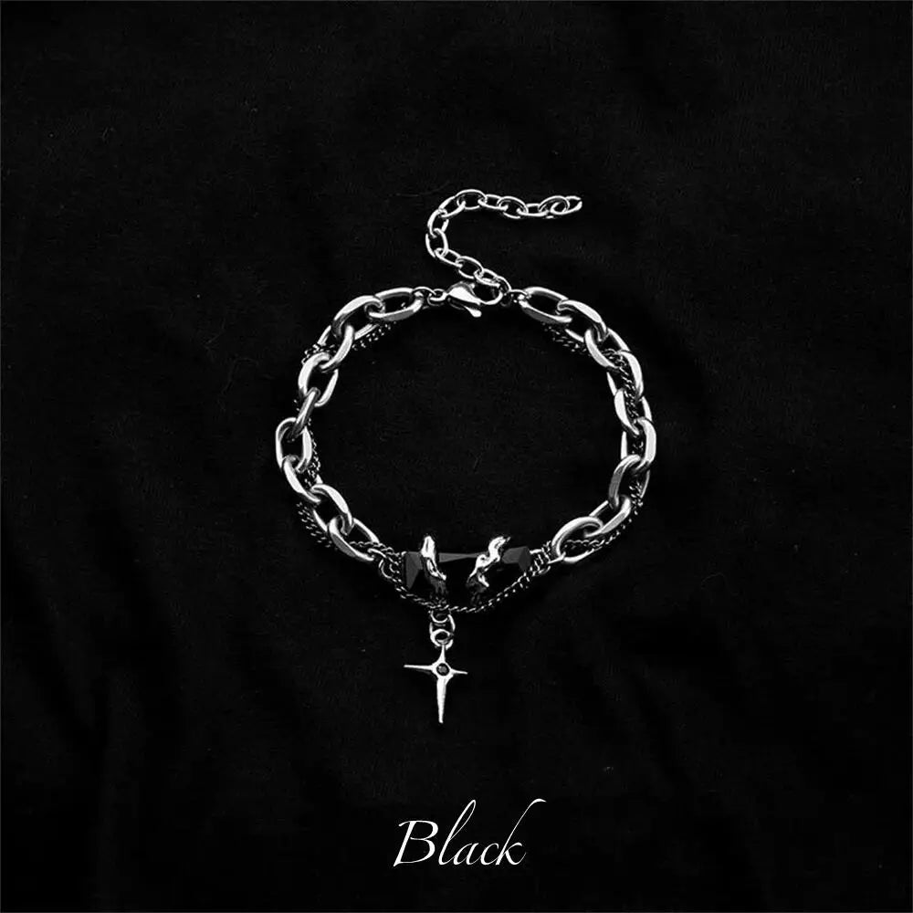 Men's Stainless Steel Gothic Retro Black Zircon Star Chain Bracelet - Lovez Aqua© - Star Bracelet Black