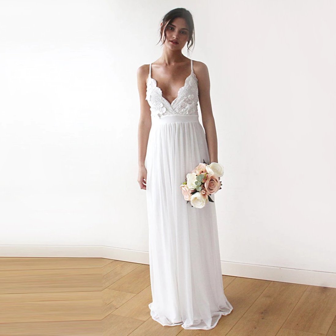 White Floral Lace Spaghetti Straps Maxi Wedding Dress with Scalloped V-Neckline - Lovez Aqua© -