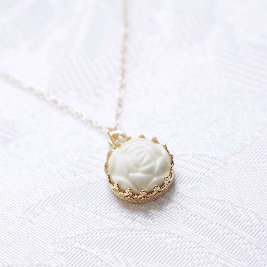 Women's 14K Gold-Filled Mini White Porcelain Rose Charm Necklace - Lovez Aqua© -