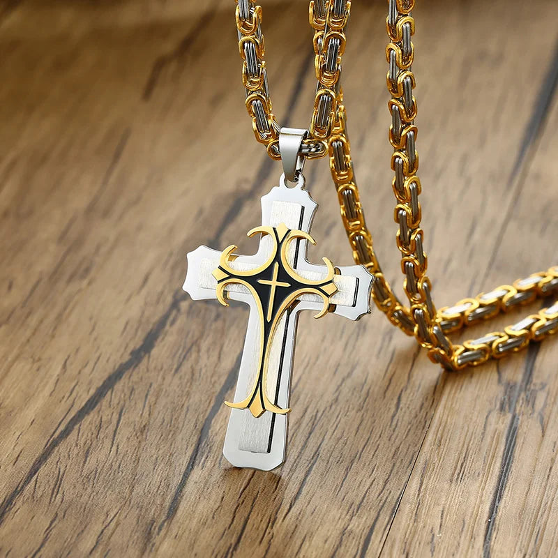 Men's Stainless Steel Religious Cross Pendant Necklace With Byzantine Chain - Lovez Aqua© - 3