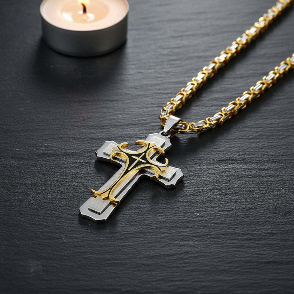 Men's Stainless Steel Religious Cross Pendant Necklace With Byzantine Chain - Lovez Aqua© - 3