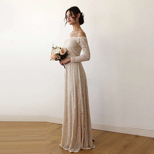 Champagne Off-The-Shoulder Long Sleeve Lace Wedding Dress with Scallop Neckline - Lovez Aqua© -