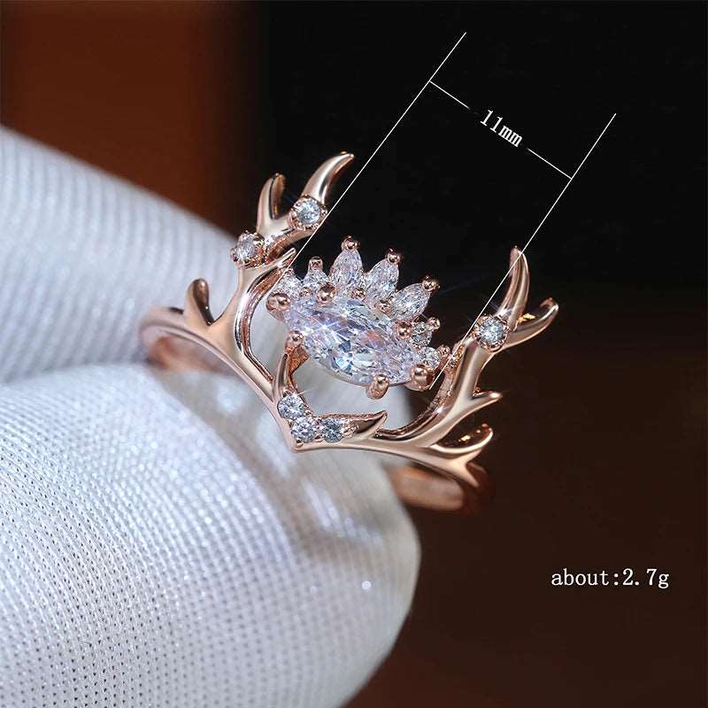 Delicate Gold Elk Antlers & Cubic Zirconia Crown Women's Ring - Lovez Aqua© -