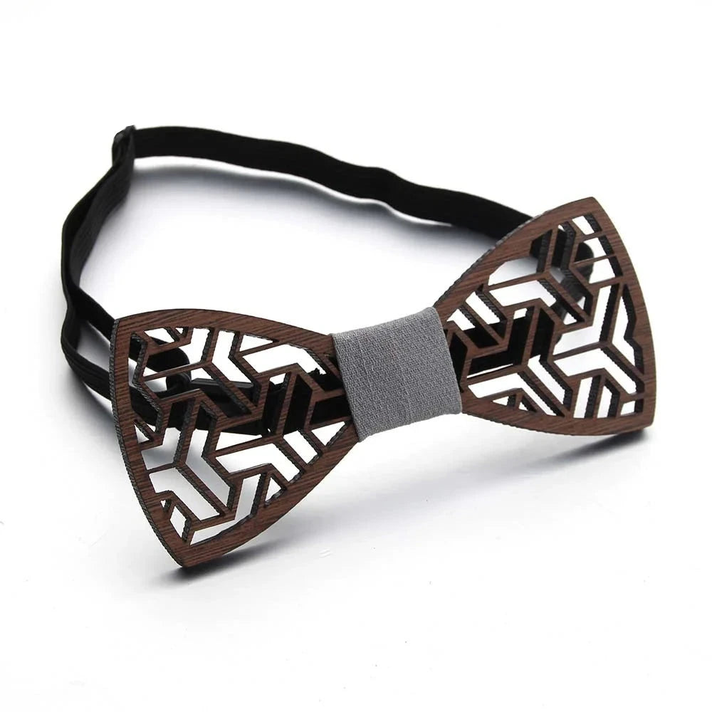 Men's Retro Dark Floral Hollow Carved Bamboo Wood Bowtie - Lovez Aqua© - Design 1