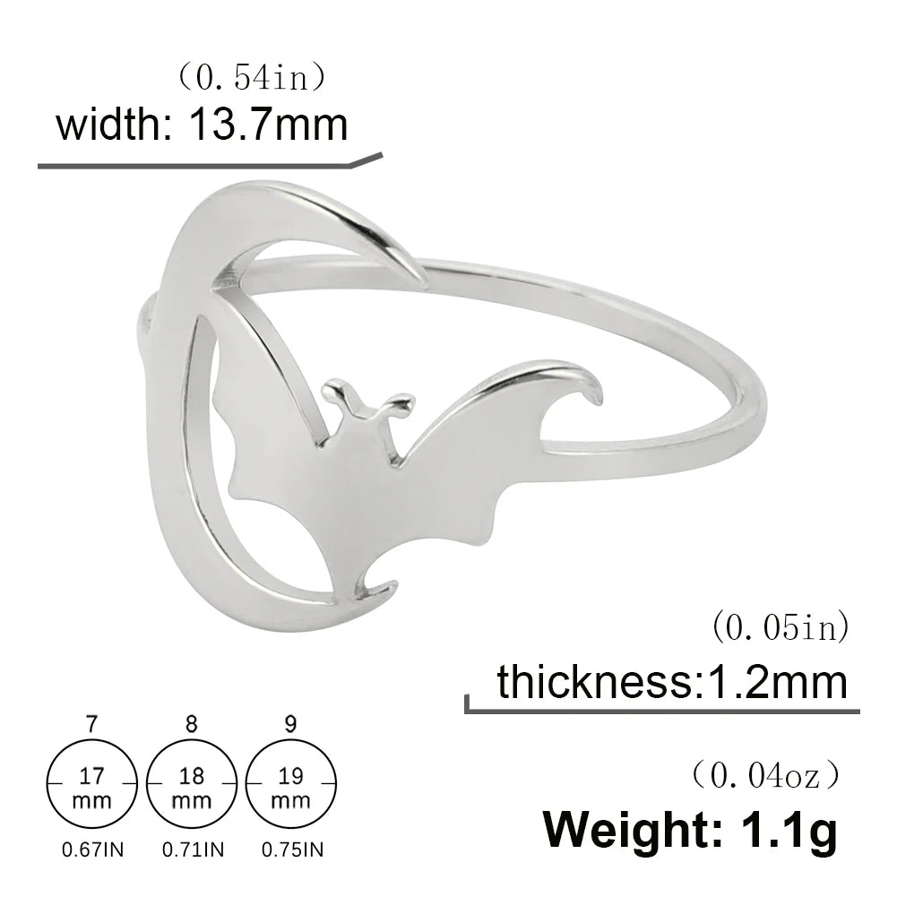 Women's Gothic Punk Crescent Moon & Bat Stainless Steel Ring - Lovez Aqua© - Silver 3 / 7