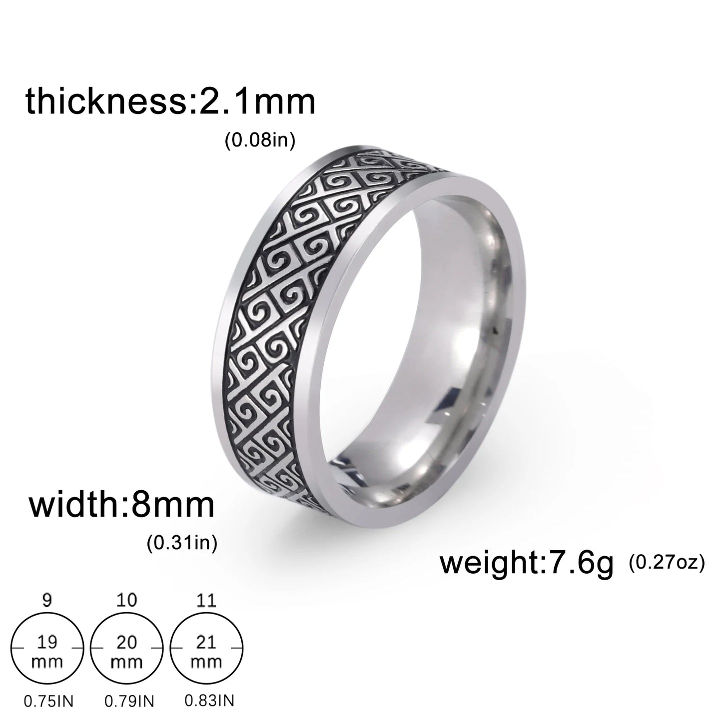 Men's Geometric Engraved Pattern Thick Stainless Steel Band Ring - Lovez Aqua© - Style 17 / 11