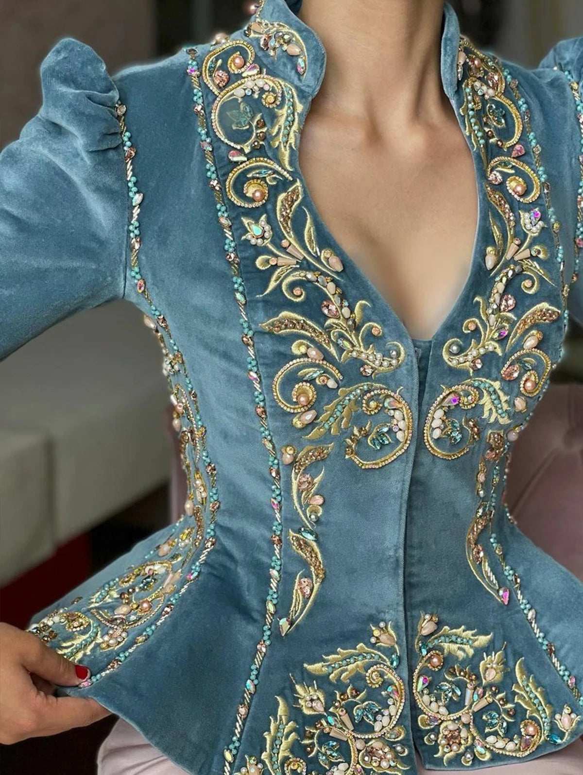 Women's Elegant Floral Gold Embroidered V-Neck Vintage Velvet Peplum Blouse - Lovez Aqua© -