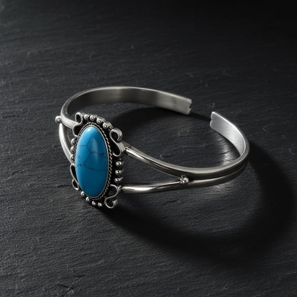 Real S925 Sterling Silver Bella Swan Natural Turquoise Stone Open Cuff Bracelet - Twilight - Blue