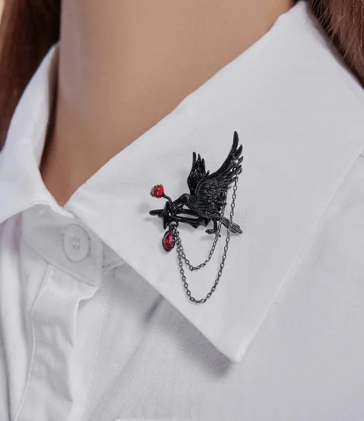 Women's Gothic Ruby Red Crystal & Black Iron Raven Chain Brooch - Lovez Aqua© -