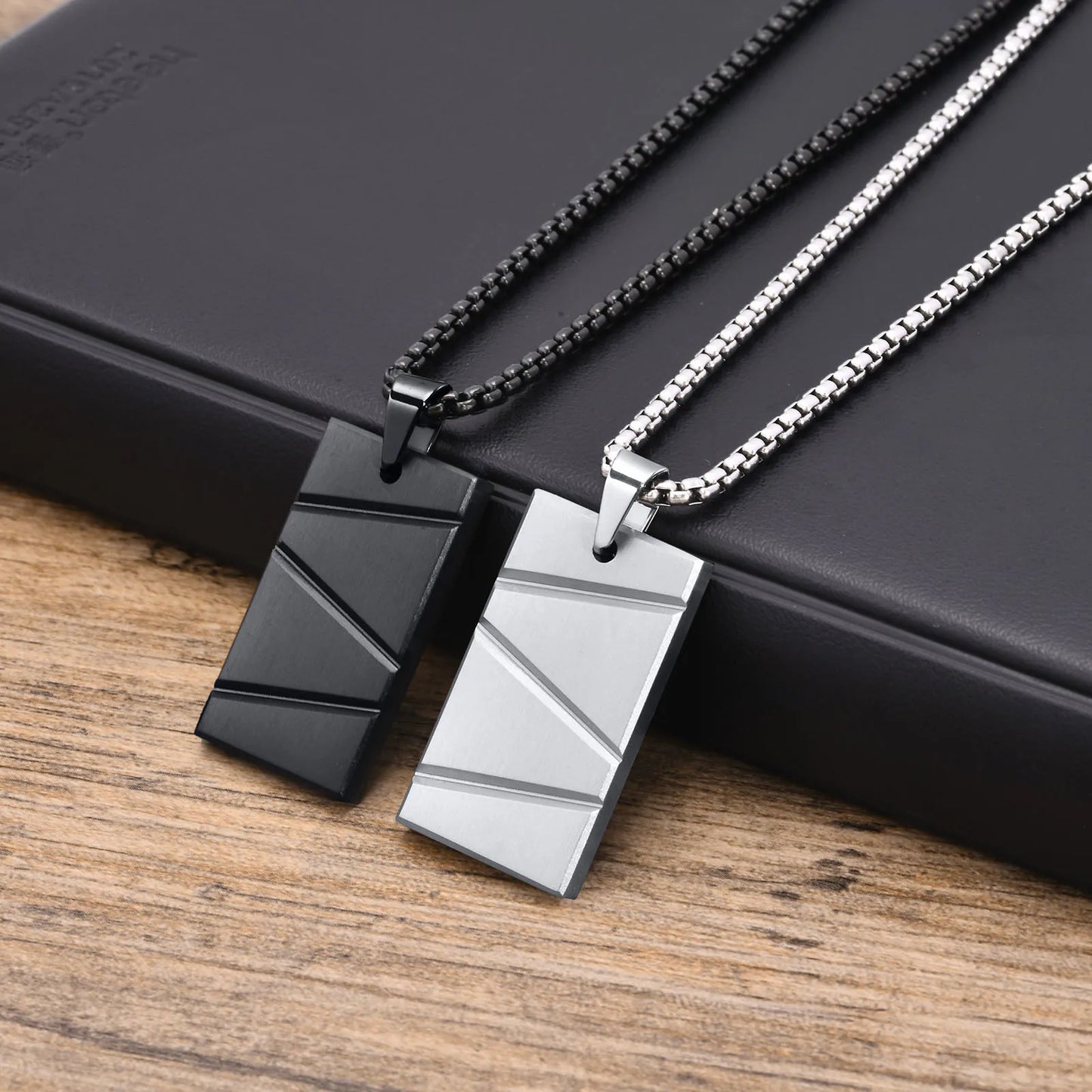 Men's Stainless Steel Patterned Rectangle Dog Tag Box Chain Necklace - Lovez Aqua© -