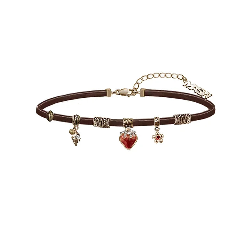 Women's Gothic Faux Leather Choker Necklace/Earrings with Gold Strawberry Charms - Lovez Aqua© - Choker