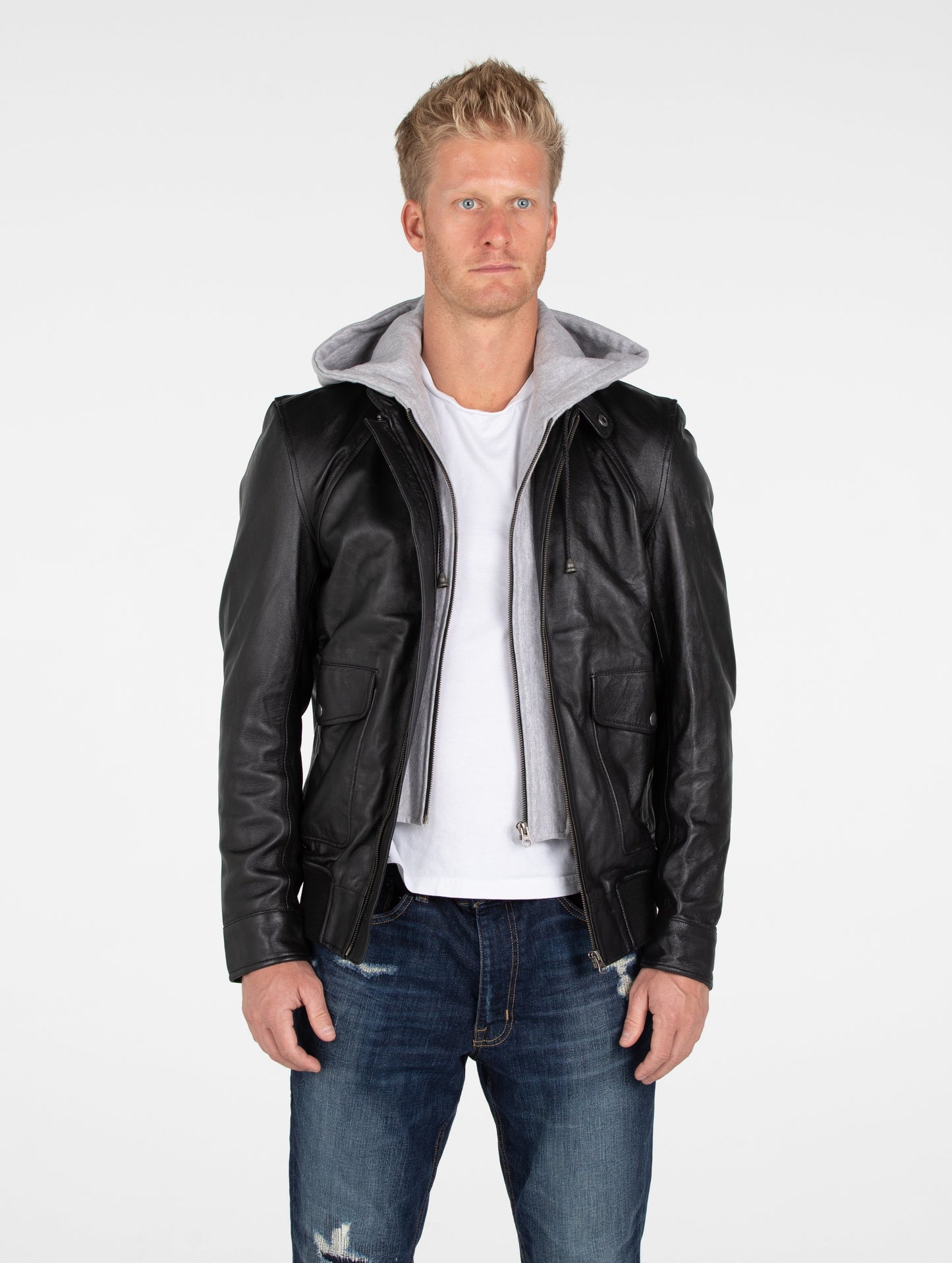 Men's Supple Lambskin Hooded Leather Bomber Jacket - Lovez Aqua© -